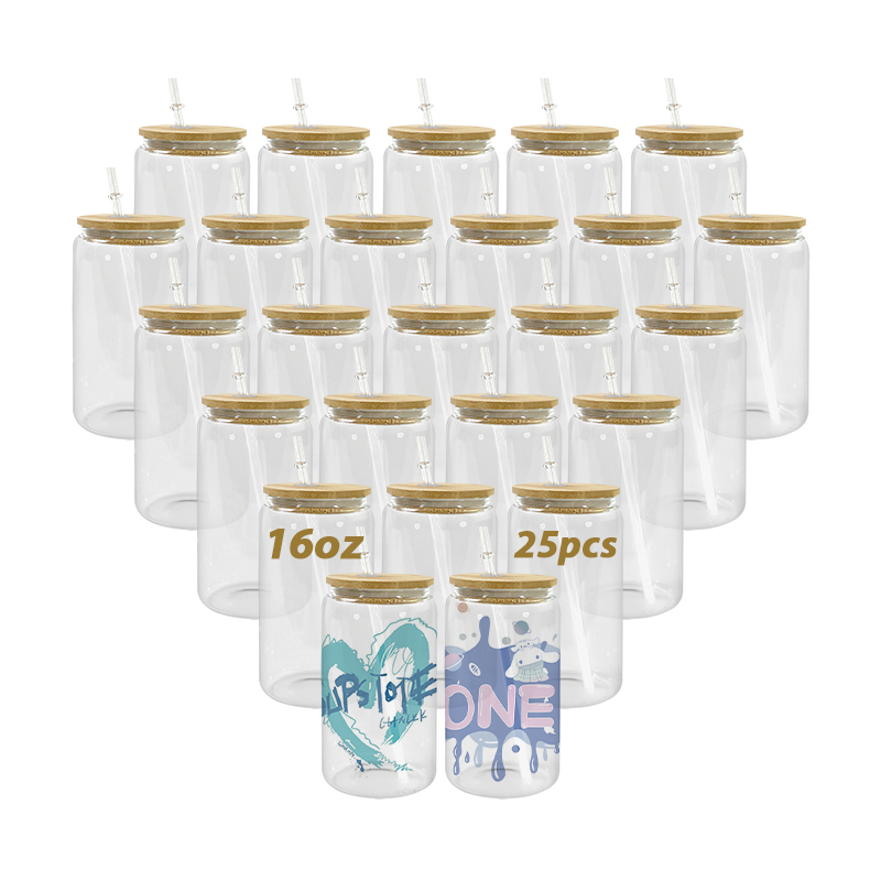 USA Warehouse RTS 25pcs/ctn 16oz clear Glass Can Sublimation Glass Tumler Mugs with Bamboo Lid and Plastic Straw