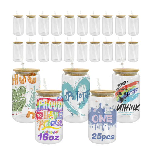 USA Warehouse RTS 25pcs/ctn 16oz clear Glass Can Sublimation Glass Tumler Mugs with Bamboo Lid and Plastic Straw