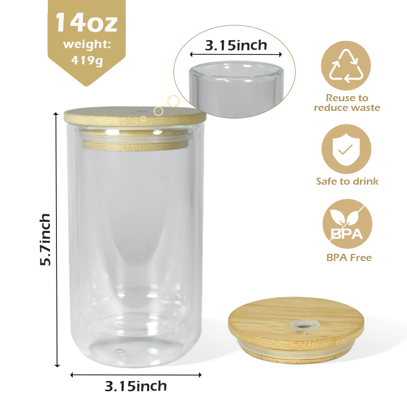 14oz Double Wall Egg Shape Glass Can New Snow Globe Cup Double Wall Wine Glass Tumbler With Bamboo Lid