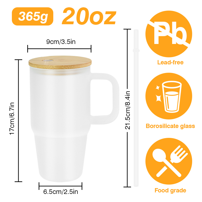 Free Shipping RTS USA Warehouse 25PCS/CTN 20oz Glass Cup Sublimation Frosted Glass Tumbler Mugs with Handle and Bamboo Lid