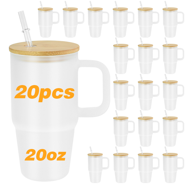 Free Shipping RTS USA Warehouse 25PCS/CTN 20oz Glass Cup Sublimation Frosted Glass Tumbler Mugs with Handle and Bamboo Lid
