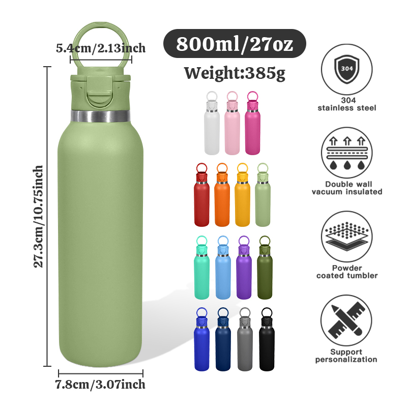 Custom Logo 800ml 27oz Large Capacity Double Wall Stainless Steel Insulated Water Bottle Sports Handle Lock Lid Portable Bottle