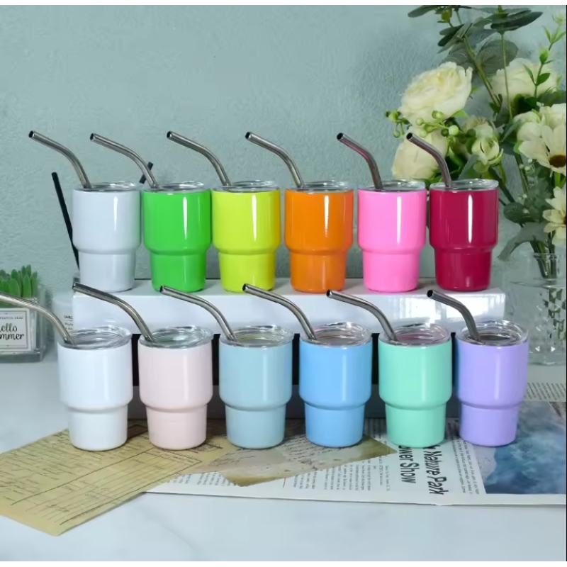 USA RTS Mini 3oz TUMBLER SHOT GLASS Assorted Color Sublimation Double Wall Stainless Steel Wine Cup with Metal Straw 48pcs/ctn