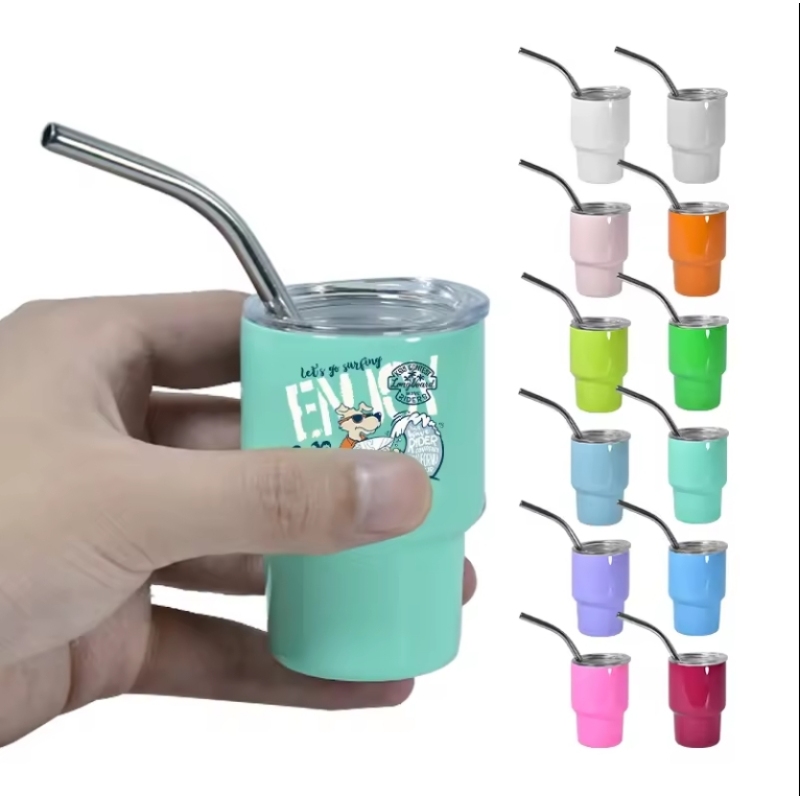 USA RTS Mini 3oz TUMBLER SHOT GLASS Assorted Color Sublimation Double Wall Stainless Steel Wine Cup with Metal Straw 48pcs/ctn