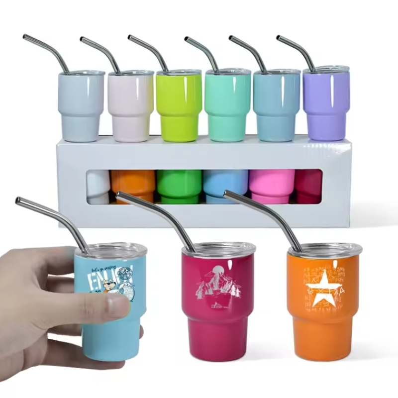 USA RTS Mini 3oz TUMBLER SHOT GLASS Assorted Color Sublimation Double Wall Stainless Steel Wine Cup with Metal Straw 48pcs/ctn