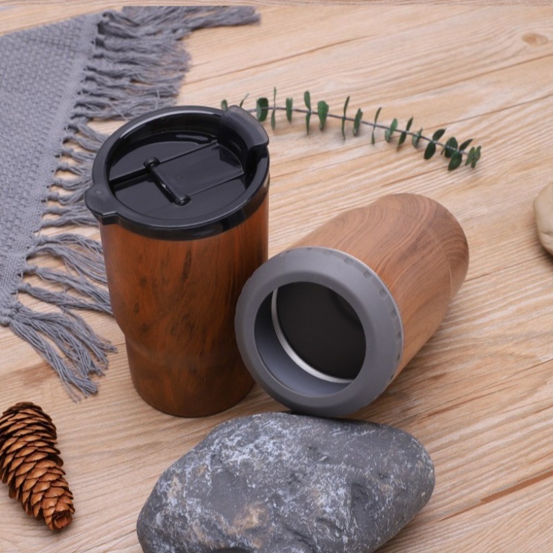 Custom 420ml Wood Design Can Cooler 14oz Beer Thermal Cup Insulated Stainless Steel Water Bottles Can Koozies with Plastic Lid
