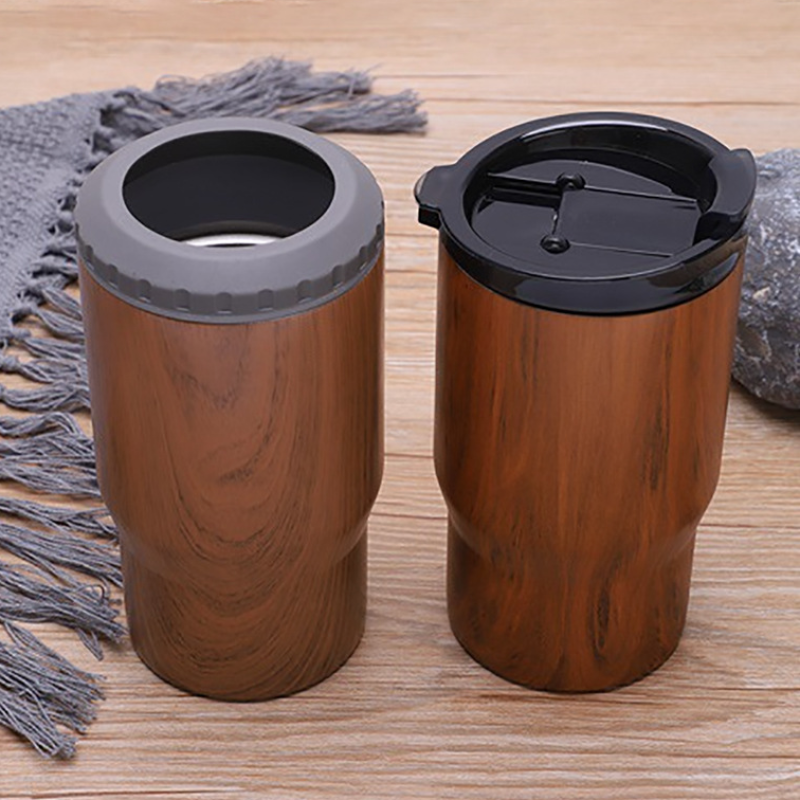 Custom 420ml Wood Design Can Cooler 14oz Beer Thermal Cup Insulated Stainless Steel Water Bottles Can Koozies with Plastic Lid