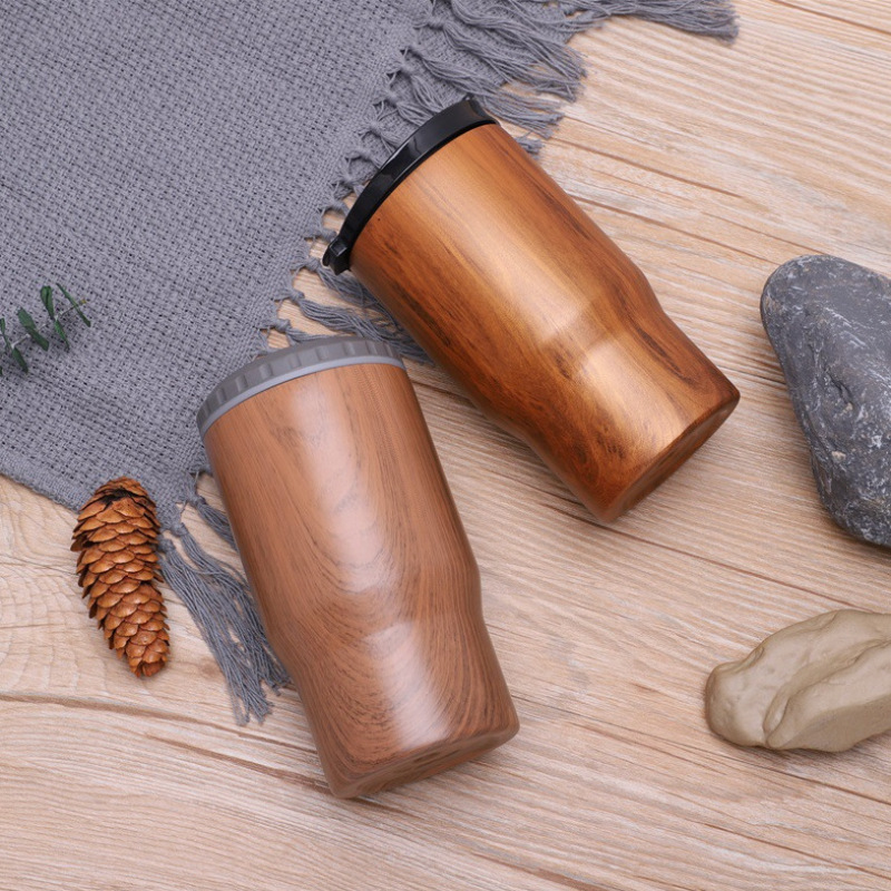 Custom 420ml Wood Design Can Cooler 14oz Beer Thermal Cup Insulated Stainless Steel Water Bottles Can Koozies with Plastic Lid