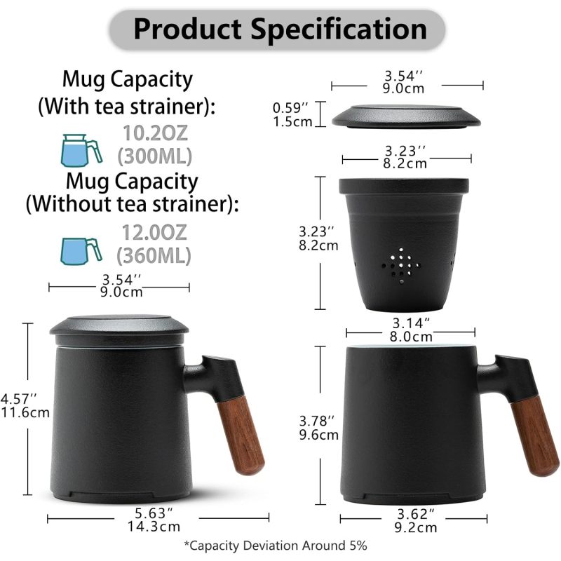 Customized Logo High Quality 12oz Ceramic Tea Cup Infuser Lid for Loose Leaf Tea Steeper Mug Fine Strainers Wood Handle Gift