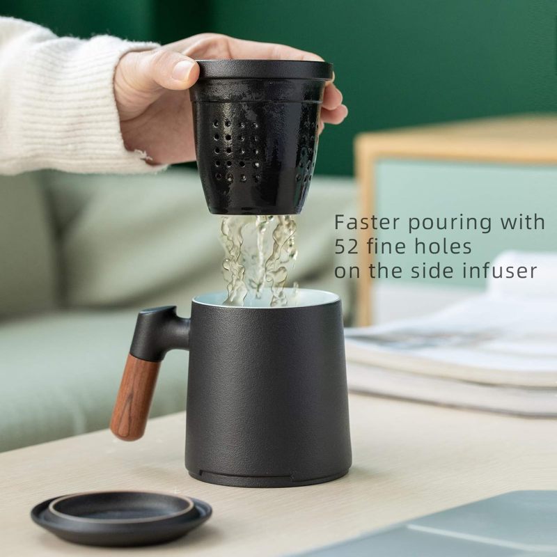 Customized Logo High Quality 12oz Ceramic Tea Cup Infuser Lid for Loose Leaf Tea Steeper Mug Fine Strainers Wood Handle Gift