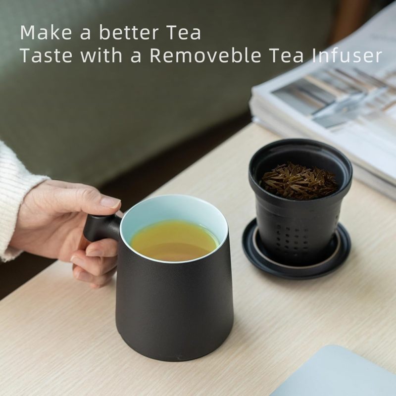 Customized Logo High Quality 12oz Ceramic Tea Cup Infuser Lid for Loose Leaf Tea Steeper Mug Fine Strainers Wood Handle Gift