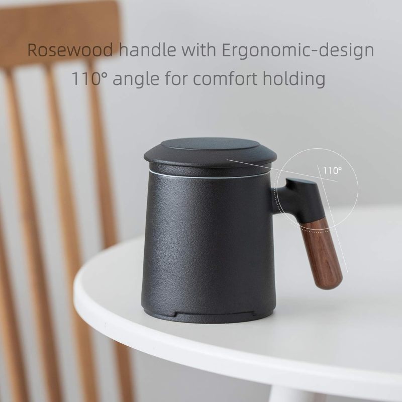 Customized Logo High Quality 12oz Ceramic Tea Cup Infuser Lid for Loose Leaf Tea Steeper Mug Fine Strainers Wood Handle Gift