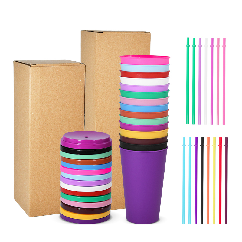Custom logo 24oz Single Wall Plastic Cup with Plastic Straw and Lid for Party Cold Drinking