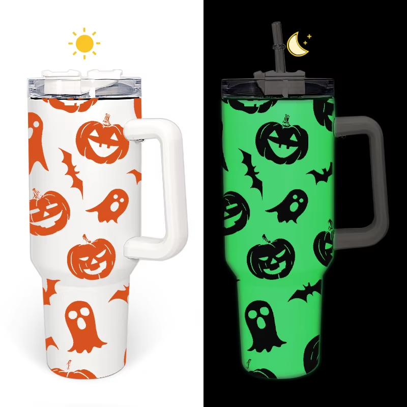 RTS US Warehouse in Stock 40oz Sublimation Blanks Glow in Dark White to Blue Tumbler with Lid Handle 12pcs/Case for Halloween