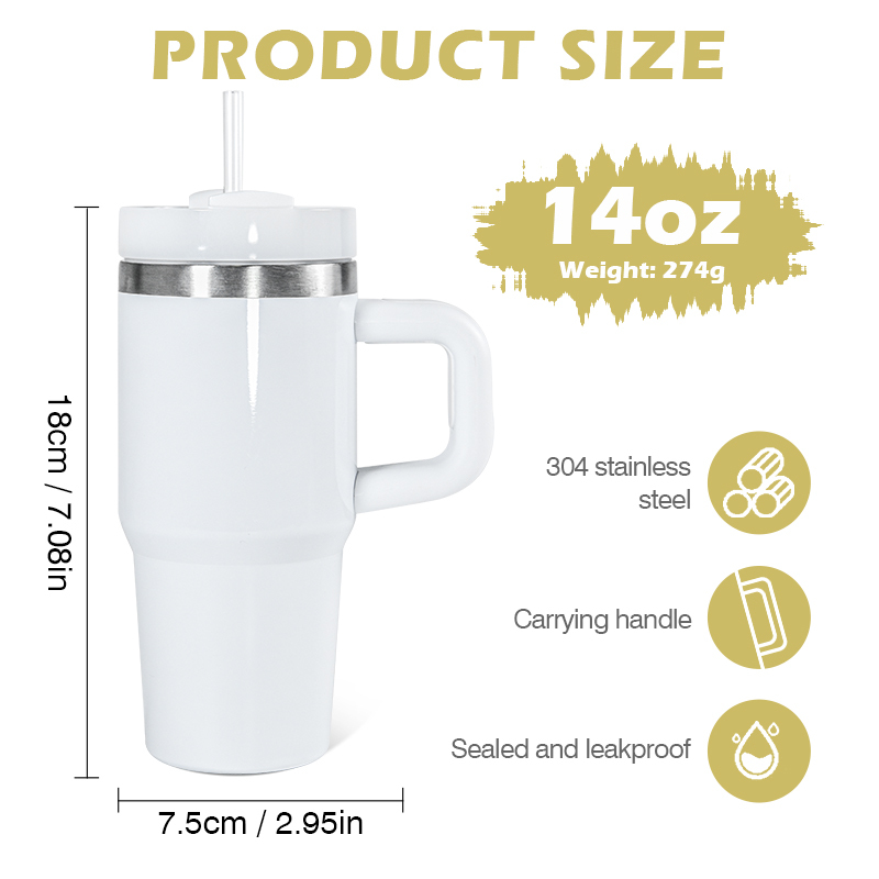 New Sublimation White 14oz Kids BPA Free Stainless Steel Sublimation Blank Tumbler Outdoor Vacuum Water Bottle with Handle