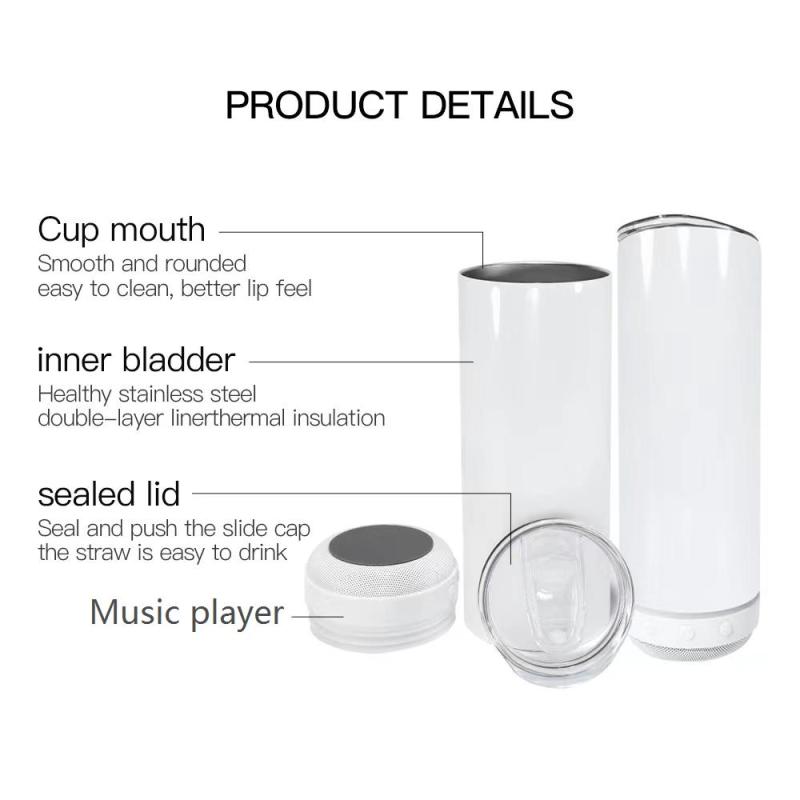 RTS STOCKED 20oz Sublimation Blanks Straight Wireless Music Speaker Smart Tumblers Coffee Mug Speaker With Straws