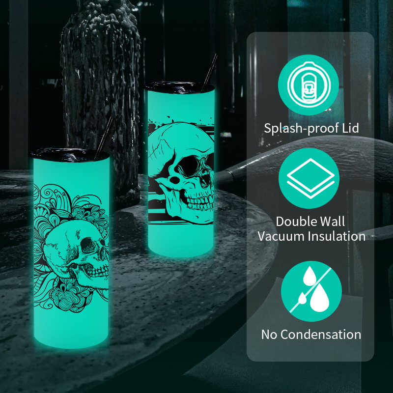 Custom LOGO 20oz Halloween Glow in the Dark Cups Glow to Blue Tumbler Sublimation Cups with Lids and Straws