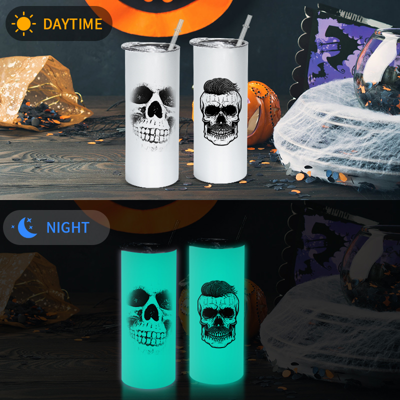 Custom LOGO 20oz Halloween Glow in the Dark Cups Glow to Blue Tumbler Sublimation Cups with Lids and Straws