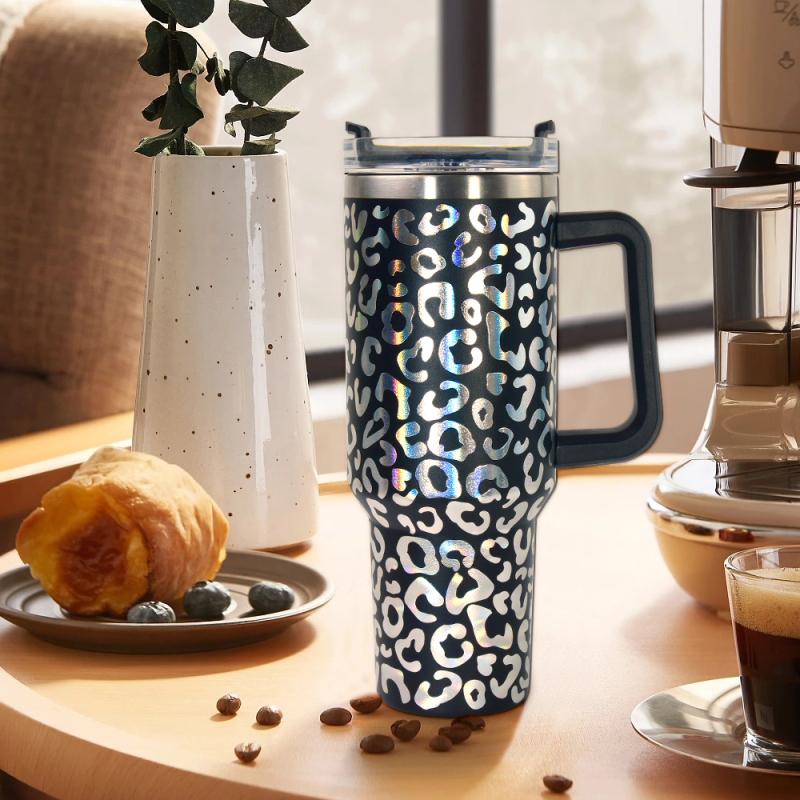 RTS 40oz Holographic Leopard Tumbler with Handle and Straw Modern Design Double Structure ODM in Stock Free Shipping 20pcs