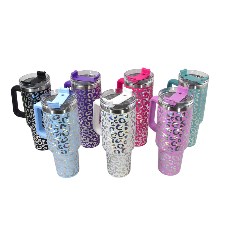 RTS 40oz Holographic Leopard Tumbler with Handle and Straw Modern Design Double Structure ODM in Stock Free Shipping 20pcs