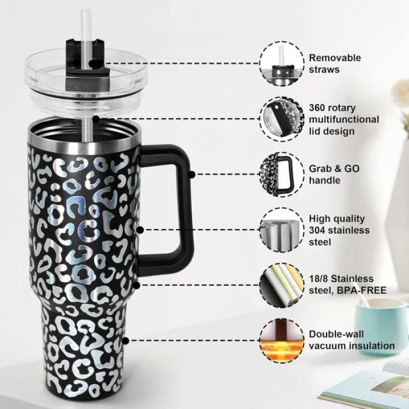RTS 40oz Holographic Leopard Tumbler with Handle and Straw Modern Design Double Structure ODM in Stock Free Shipping 20pcs