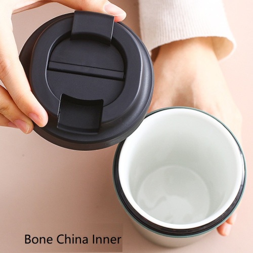 Wholesale 380ml Coffee Mug Bone China Inner PP Matte Surface Leak-Proof Coffee Tumbler Travel Mug with Rubber Bottom Flip-up Lid