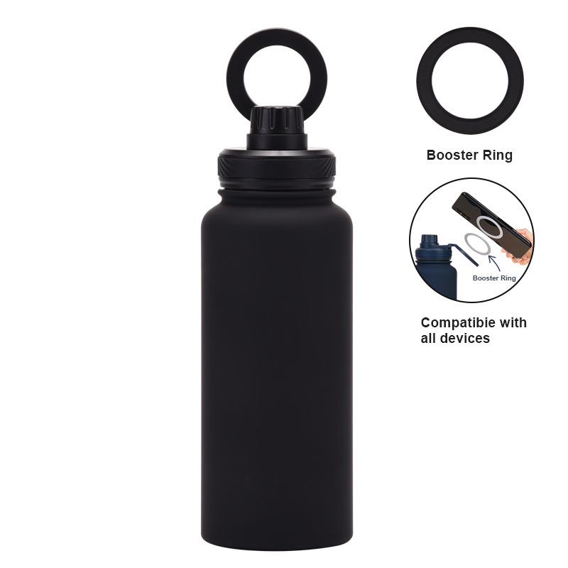 Custom Logo 1L Double Wall 304 SS Large Capacity Sports Water Bottle with Booster Ring and Mobile Phone Magnetic Lid