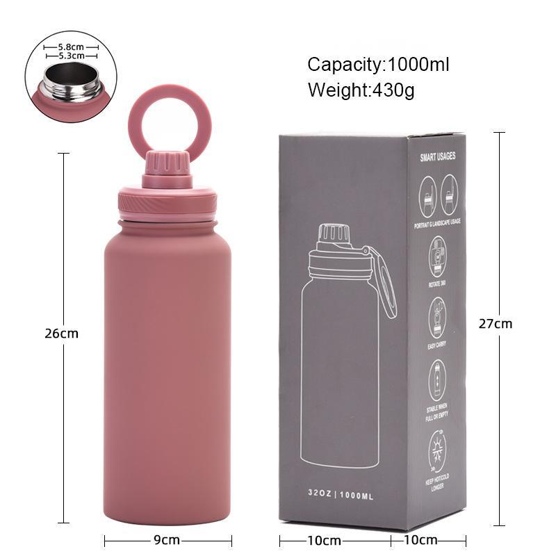 Custom Logo 1L Double Wall 304 SS Large Capacity Sports Water Bottle with Booster Ring and Mobile Phone Magnetic Lid