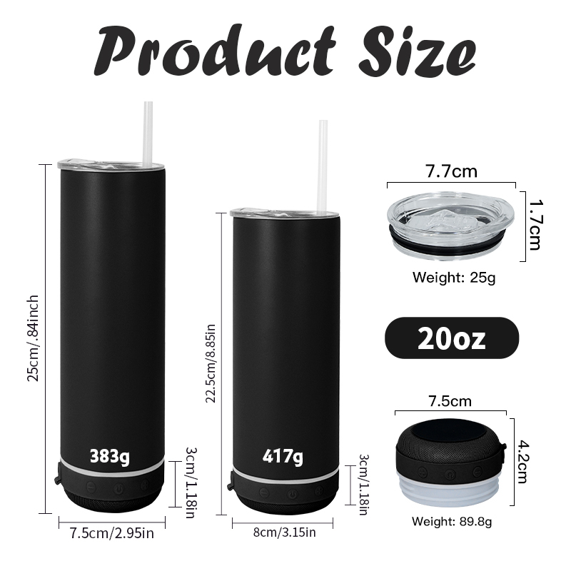 Custom Metal Cup 20oz Colored Powder Coated Plated Underneath 20oz Straight Speaker Smart Music Player Tumbler