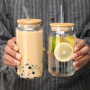 16oz Can Shaped Glass Cups Beer Ice Coffee Glasses Cute Tumbler Cup Drinking Glasses with Bamboo Lids and Glass Straw