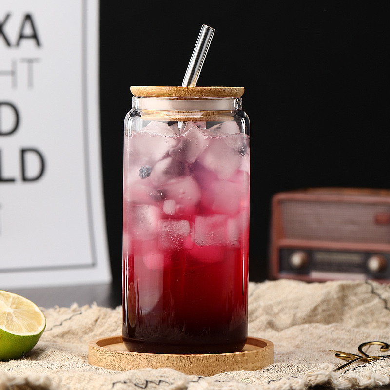 16oz Can Shaped Glass Cups Beer Ice Coffee Glasses Cute Tumbler Cup Drinking Glasses with Bamboo Lids and Glass Straw