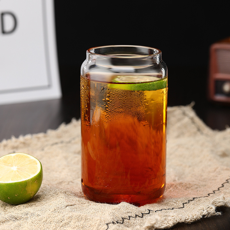 16oz Can Shaped Glass Cups Beer Ice Coffee Glasses Cute Tumbler Cup Drinking Glasses with Bamboo Lids and Glass Straw