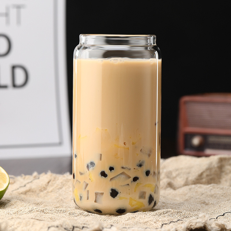 16oz Can Shaped Glass Cups Beer Ice Coffee Glasses Cute Tumbler Cup Drinking Glasses with Bamboo Lids and Glass Straw