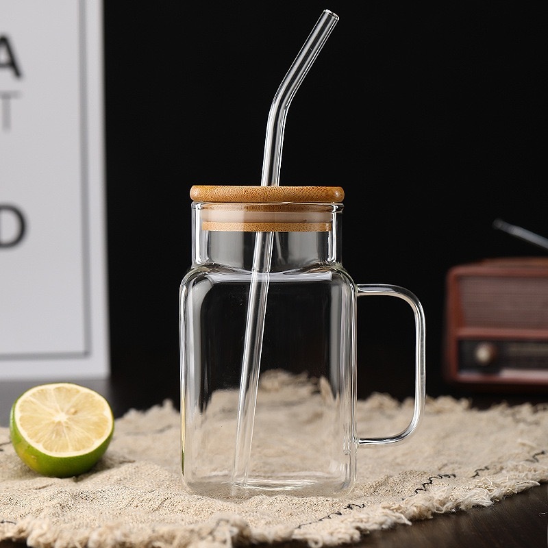 18oz Glass Cups Beer Ice Coffee Glass Jar with Handle  Tumbler Cup Drinking Glasses with Bamboo Lids and Glass Straw