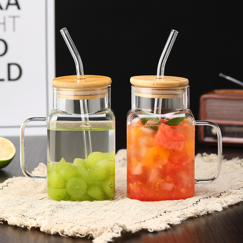 18oz Glass Cups Beer Ice Coffee Glass Jar with Handle  Tumbler Cup Drinking Glasses with Bamboo Lids and Glass Straw