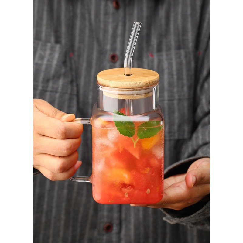 18oz Glass Cups Beer Ice Coffee Glass Jar with Handle  Tumbler Cup Drinking Glasses with Bamboo Lids and Glass Straw