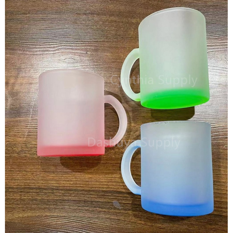 LOW MOQ 7 Colors Custom Sublimation Blanks 11oz Beer Coffee Mug Gradient Color Fluorescent Frosted Glass Mug with Handle