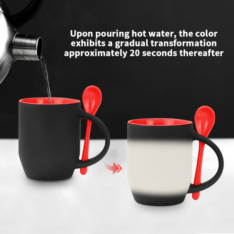 11OZ Sublimation Black Mugs Magic Inner Colored Color Change Ceramic Mug with Spoon for Heat Printing DIY Gift