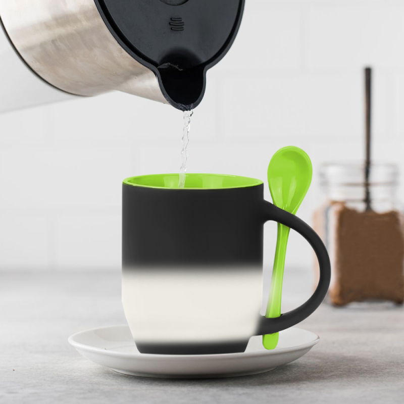 11OZ Sublimation Black Mugs Magic Inner Colored Color Change Ceramic Mug with Spoon for Heat Printing DIY Gift