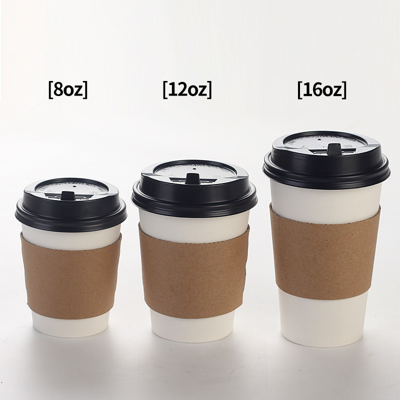 Customized 8oz 12oz 16oz Disposable Coffee Mugs with Lids  Sleeves Thickened Paper White Cups for Cold/Hot Beverage Cocoa Drink