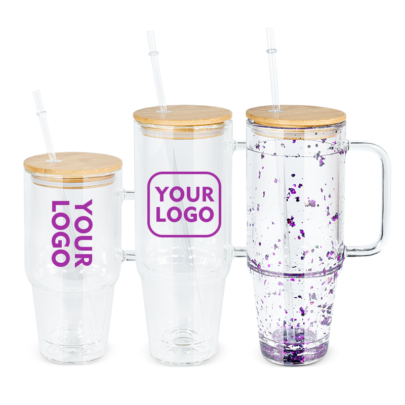 Pre-drilled 40oz Handle Snow Globe Glass Cup Mugs Blank Sublimation Double Walled Glass Can 30oz Globe Tumbler with Bamboo Lid