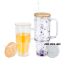 Pre-drilled 40oz Handle Snow Globe Glass Cup Mugs Blank Sublimation Double Walled Glass Can 30oz Globe Tumbler with Bamboo Lid