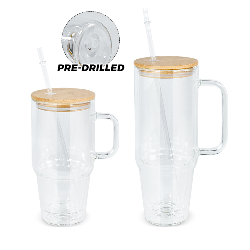 Pre-drilled 40oz Handle Snow Globe Glass Cup Mugs Blank Sublimation Double Walled Glass Can 30oz Globe Tumbler with Bamboo Lid