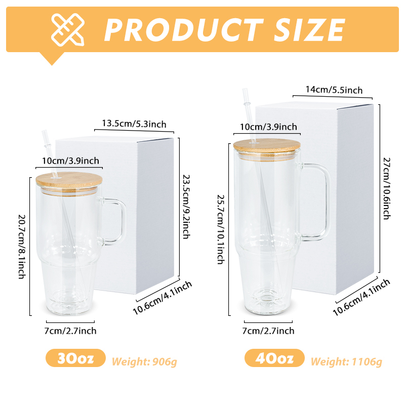 Pre-drilled 40oz Handle Snow Globe Glass Cup Mugs Blank Sublimation Double Walled Glass Can 30oz Globe Tumbler with Bamboo Lid