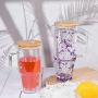 Pre-drilled 40oz Handle Snow Globe Glass Cup Mugs Blank Sublimation Double Walled Glass Can 30oz Globe Tumbler with Bamboo Lid