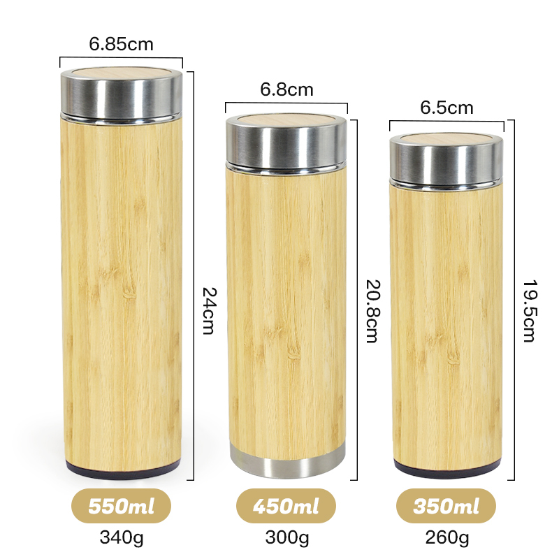 High Quality Eco Friendly Laser Engraved Bamboo Wood Stainless Steel Vacuum Insulation Thermal Flask with Tea Infuser