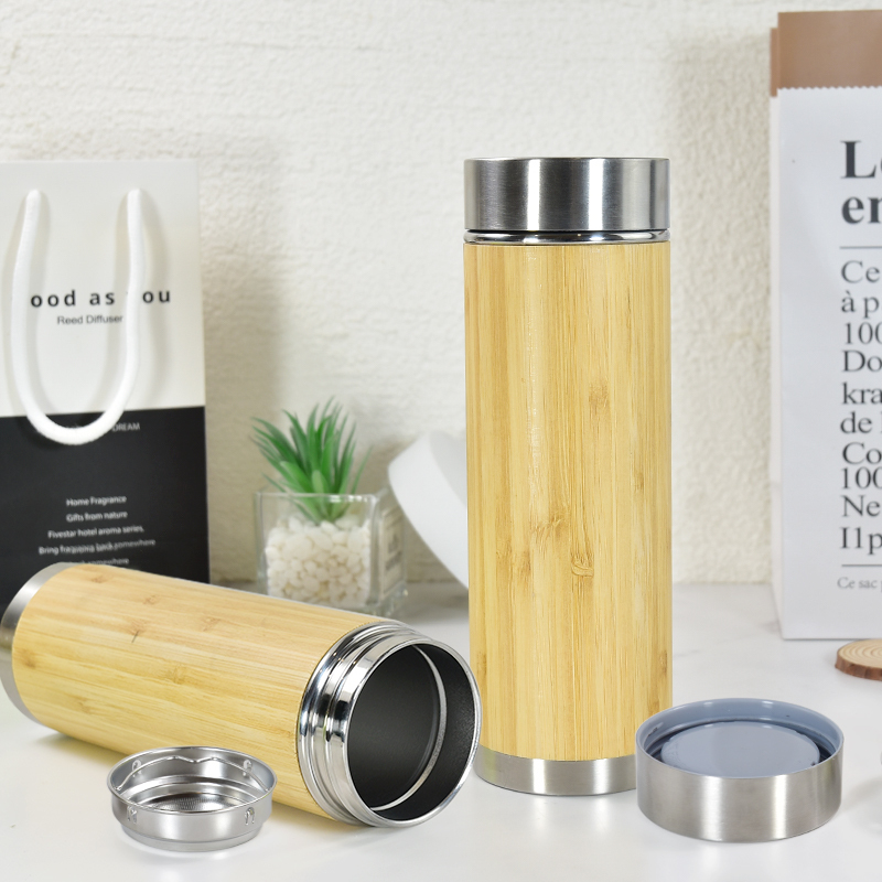 High Quality Eco Friendly Laser Engraved Bamboo Wood Stainless Steel Vacuum Insulation Thermal Flask with Tea Infuser