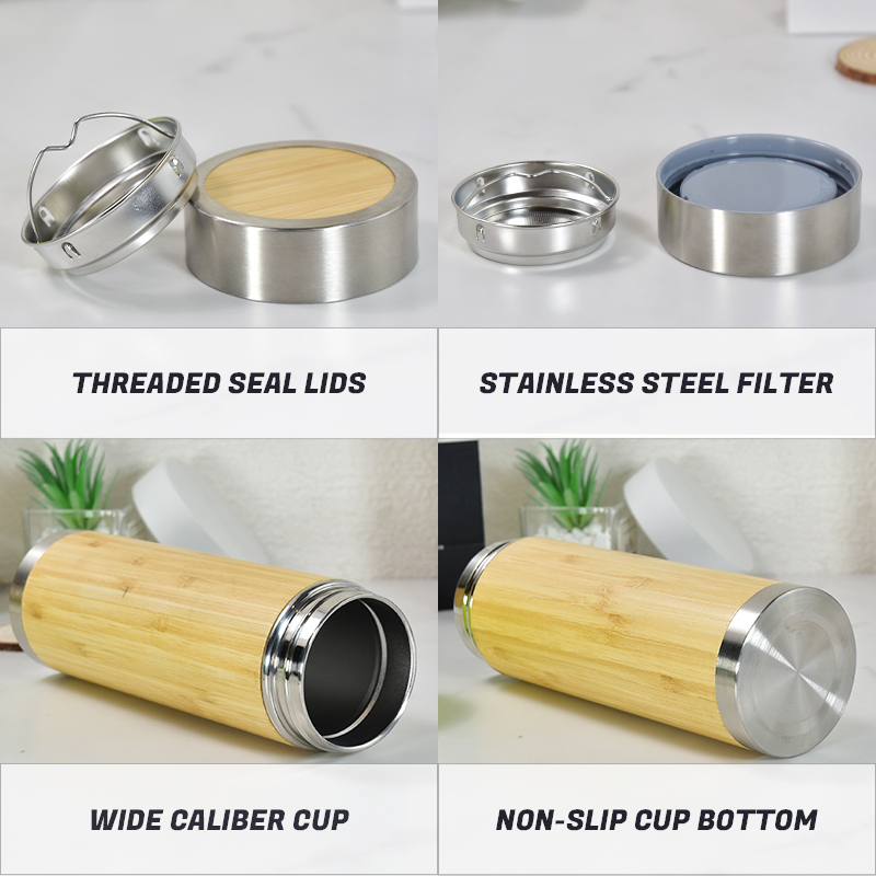High Quality Eco Friendly Laser Engraved Bamboo Wood Stainless Steel Vacuum Insulation Thermal Flask with Tea Infuser