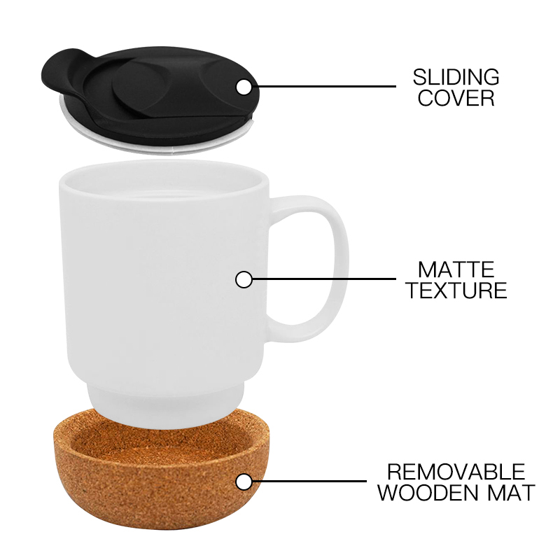 Cork Coffee Mug Wholesale Custom logo 12 oz Ceramic Mug Coffee Cup with Bottom Cork Ceramic Mug Bottom Base and Sliding Lids