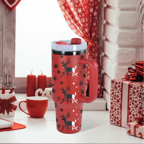 Wholesale Red Powder Coated 40oz Double Wall Stainless Steel Tumbler Black Electroplated Laser Travel Mug with Handle Straw